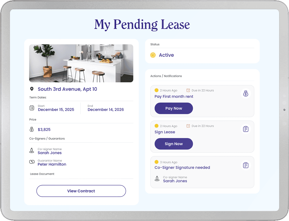 Renter's pending lease in Rello, with first-month payment, lease signing and co-signer signature steps