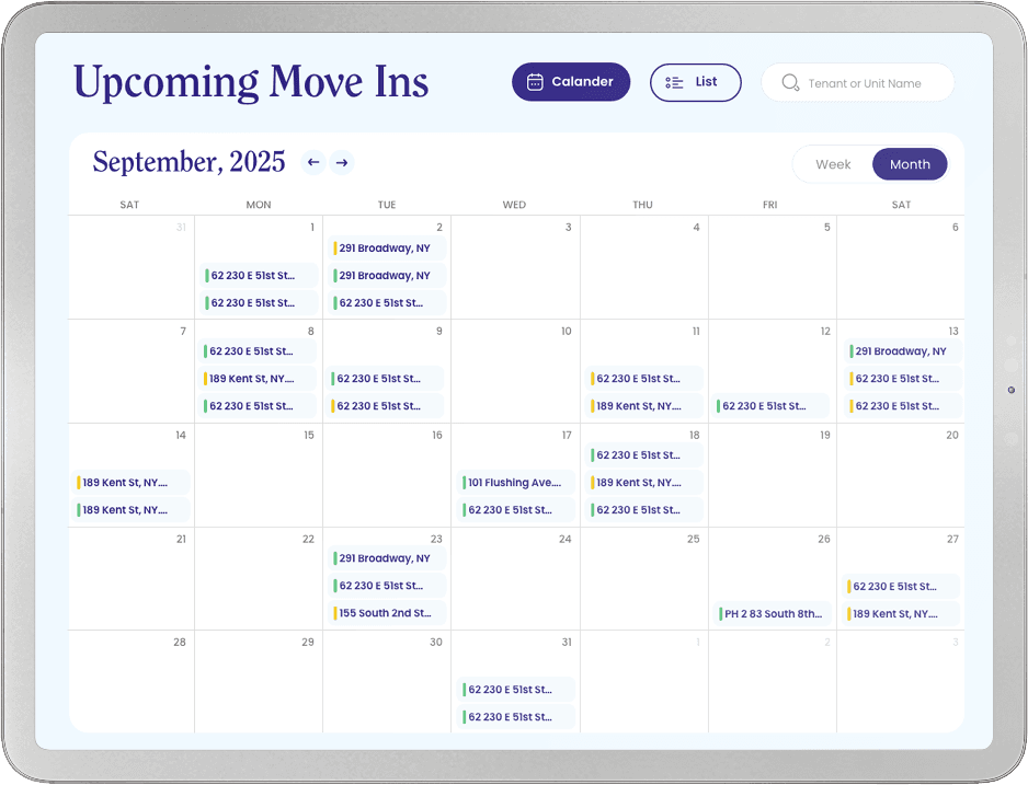 Rello move-in calendar scheduling upcoming move-ins across NYC buildings